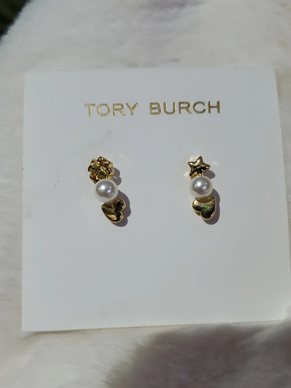 Tory Burch Gold Pearl Heart & Star Drop Studs Post Earrings NWOT Dainty Girlie